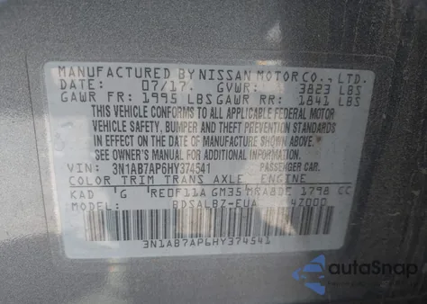 2017 Nissan Sentra S z USA, uszkodzony, nr VIN 3N1AB7AP6HY374541